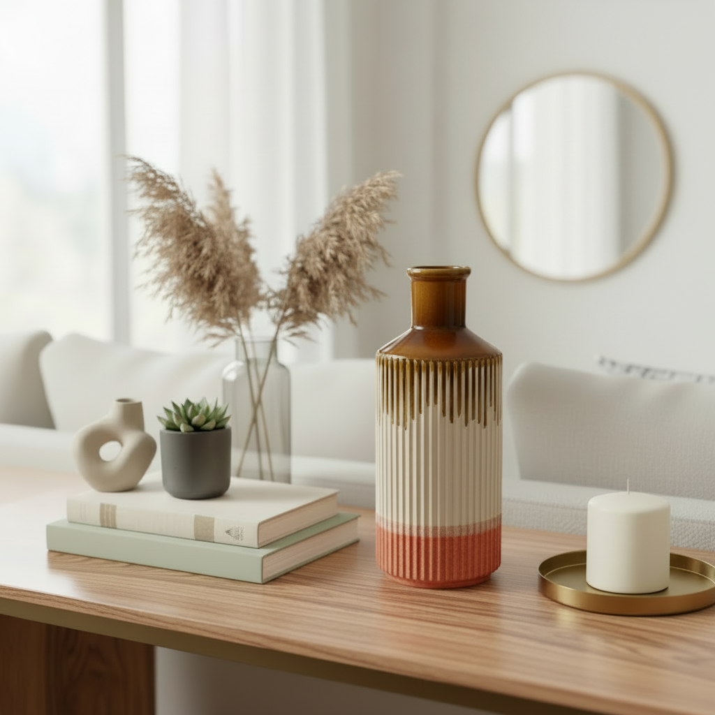 Decorative items on a wooden table including a vase, books, and a candle.