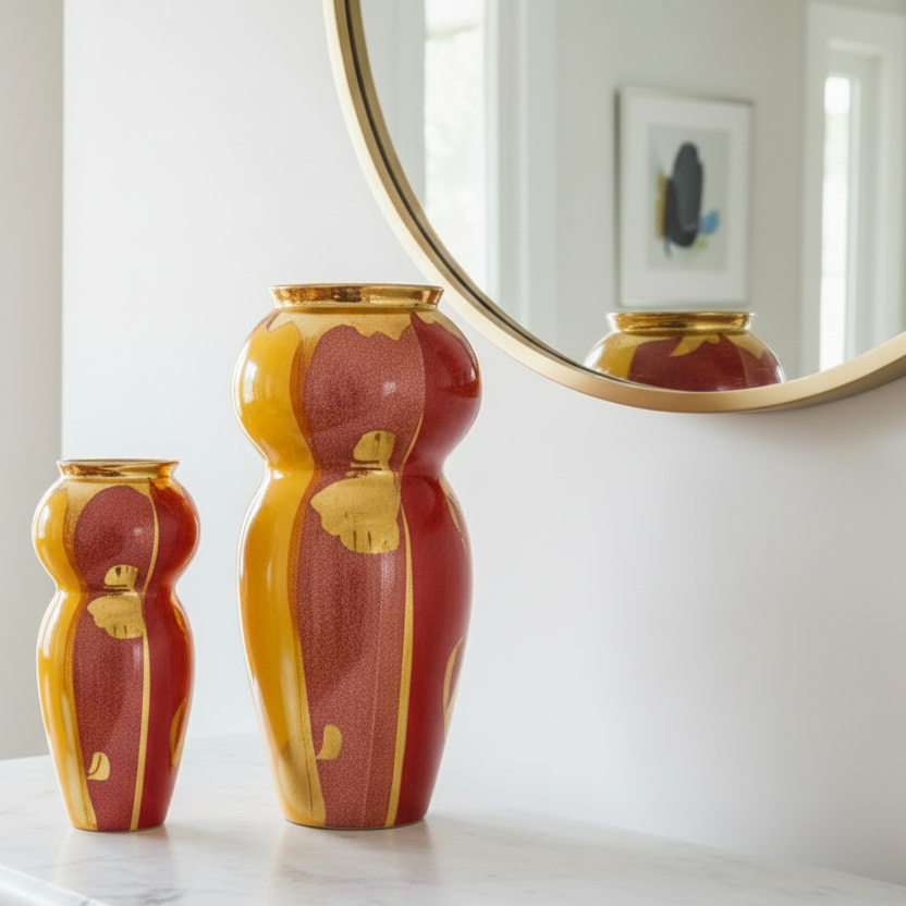 Two red and gold vases on a white surface with a mirror reflecting them.