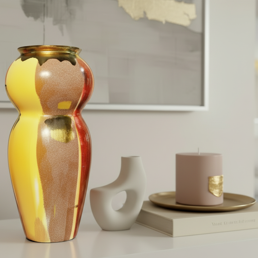 Decorative vase with gold and brown gradient on a shelf with candles and books.