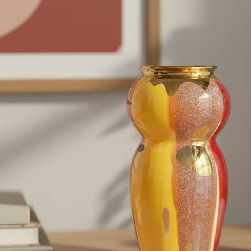 Decorative vase with gold accents on a shelf