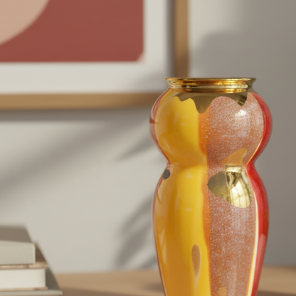 Decorative vase with gold accents on a shelf