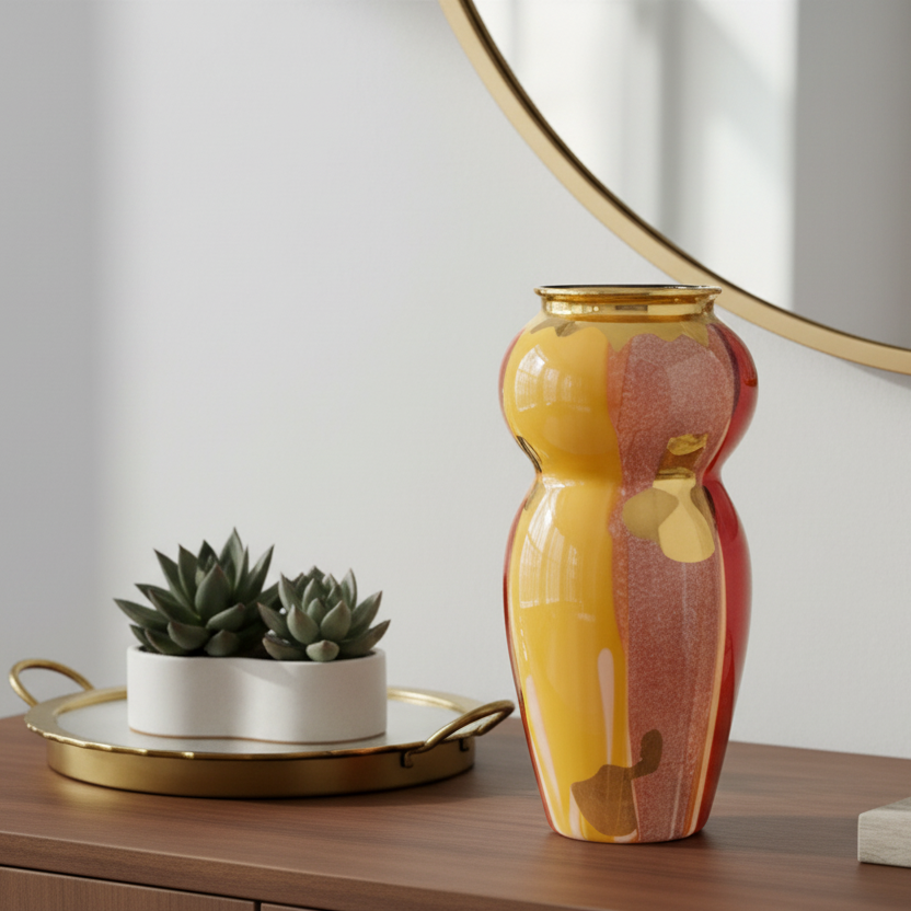 Decorative vase with a gold and red pattern on a wooden surface, with a round mirror in the background.