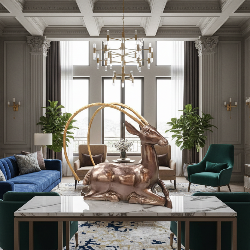 Luxurious living room with a bronze sculpture of a rabbit, blue sofa, and modern decor.