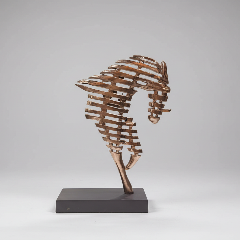 Bronze seahorse sculpture on a gray background