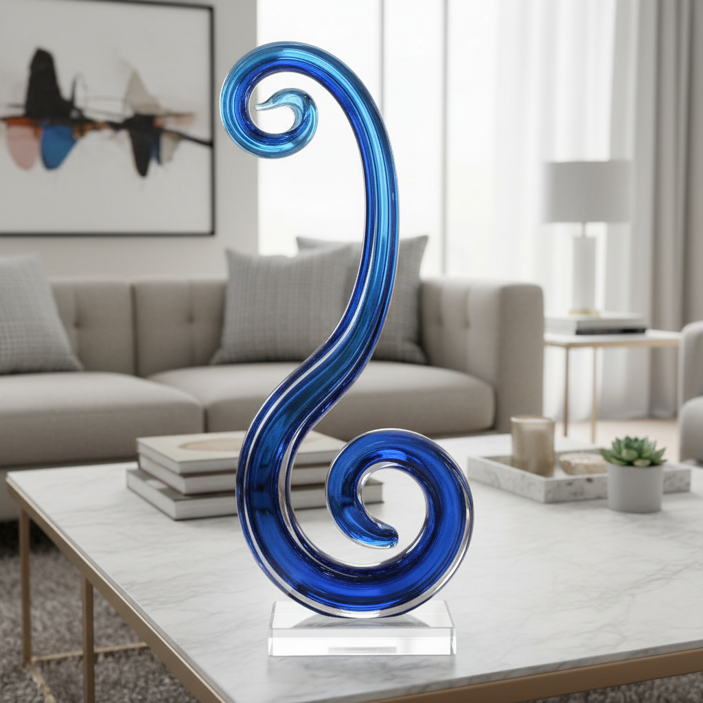 Blue glass sculpture on a coffee table in a living room