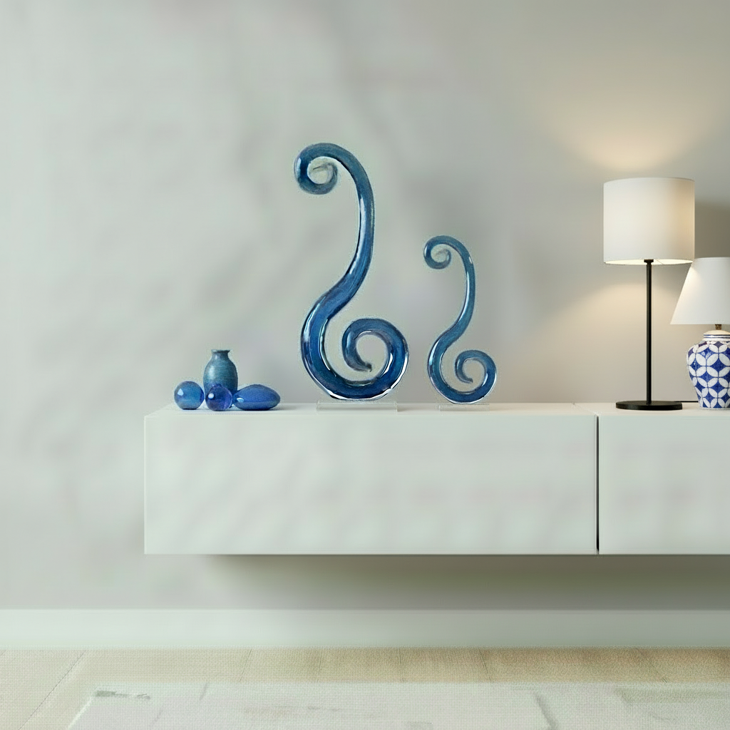Blue decorative object on a white shelf with a plant and TV in the background