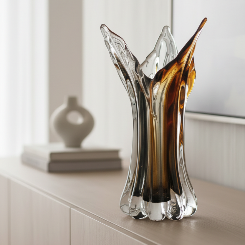 Glass vase with a unique design on a wooden surface