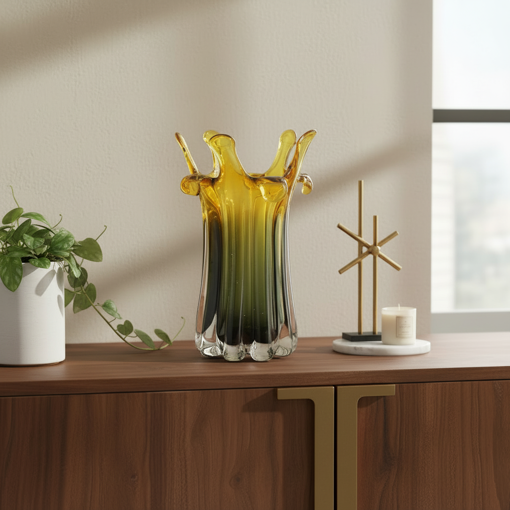 Decorative glass vase on a wooden surface with a plant and candle in the background