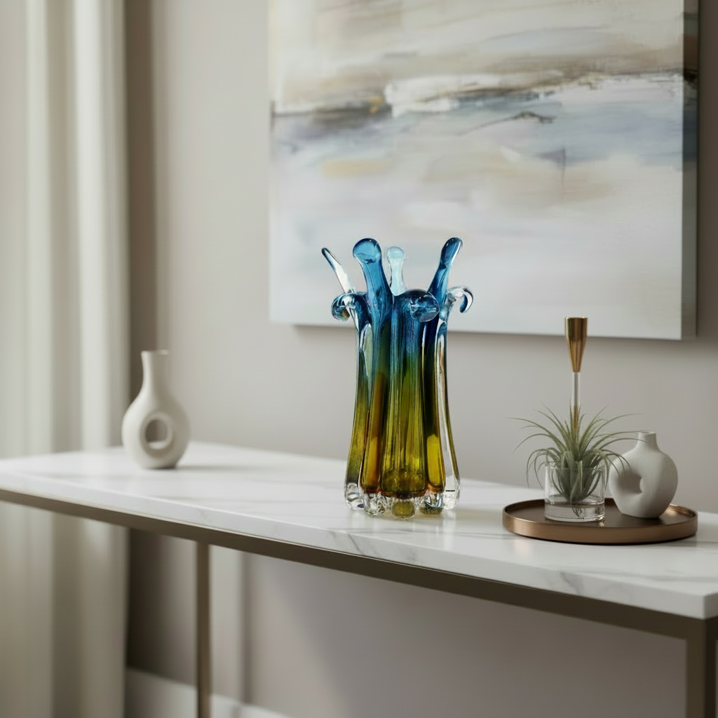 Decorative glass vase on a shelf with a painting in the background