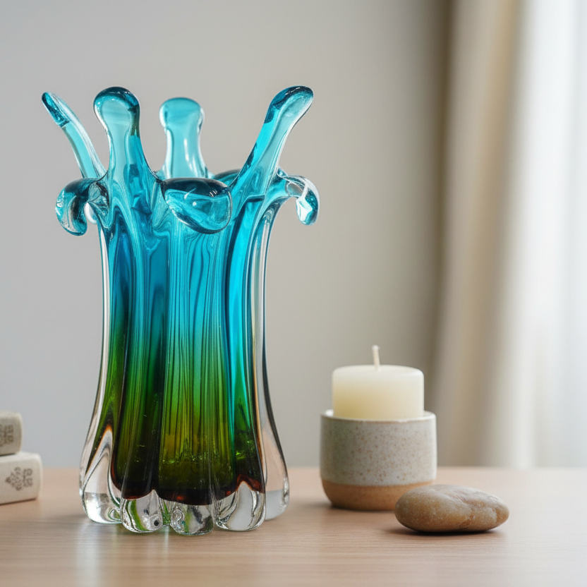 Blue and green glass vase on a wooden surface with a candle and stone in the background