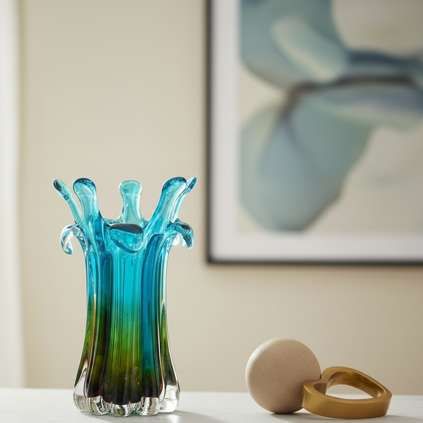 Blue and green glass vase on a table with a neutral background