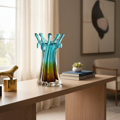 Decorative glass vase on a wooden table with a modern interior setting
