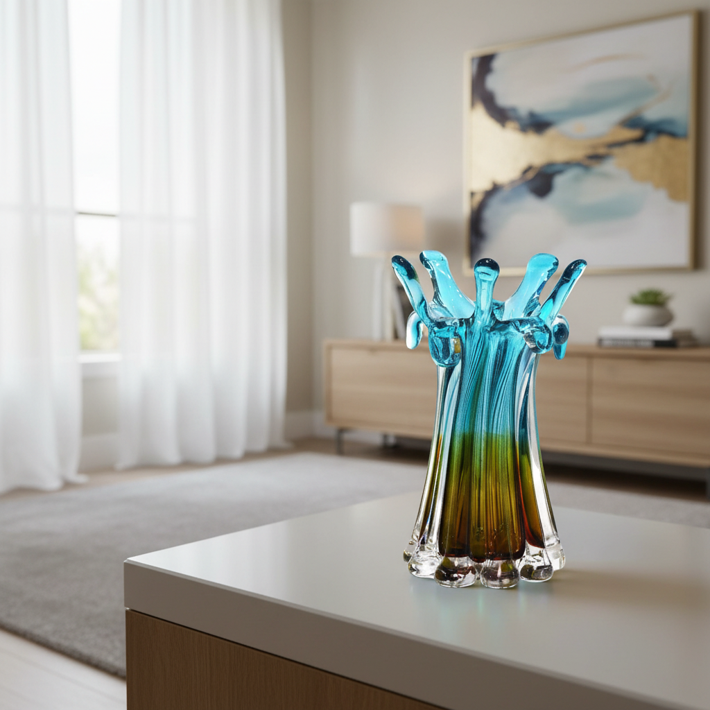Blue and green glass vase on a table in a living room setting