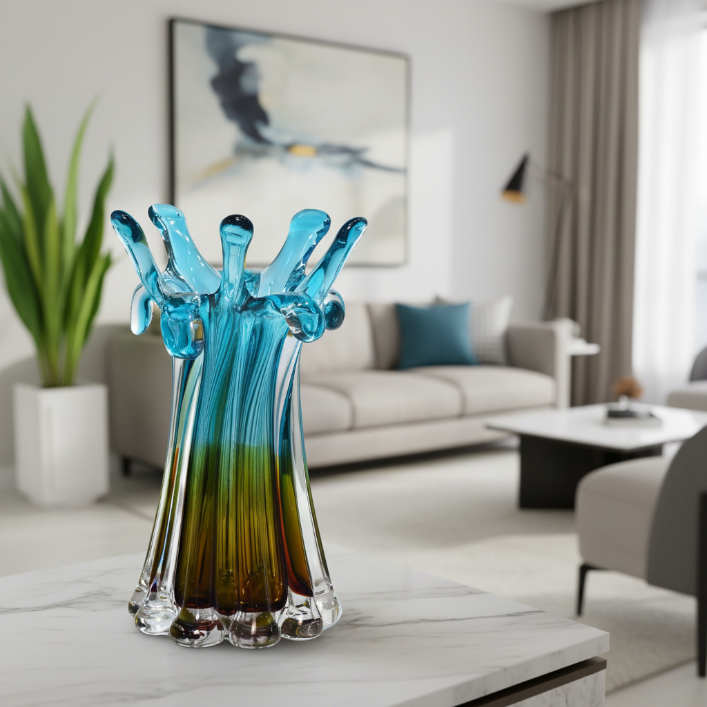 Blue and green glass vase on a table in a living room setting