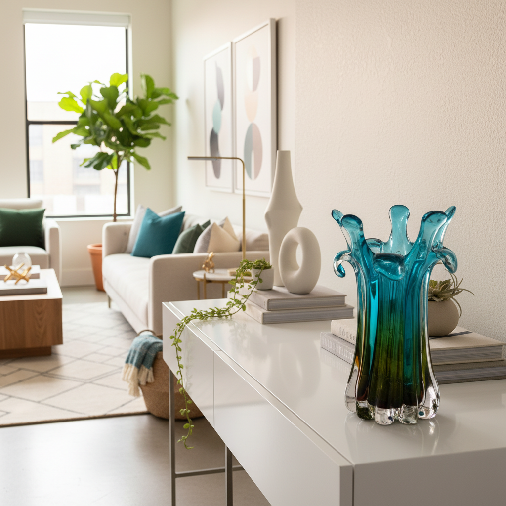 Modern living room with a blue glass vase on a white table