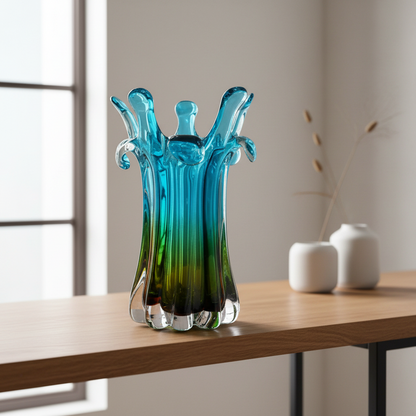 Blue and green glass vase on a wooden table with a neutral background