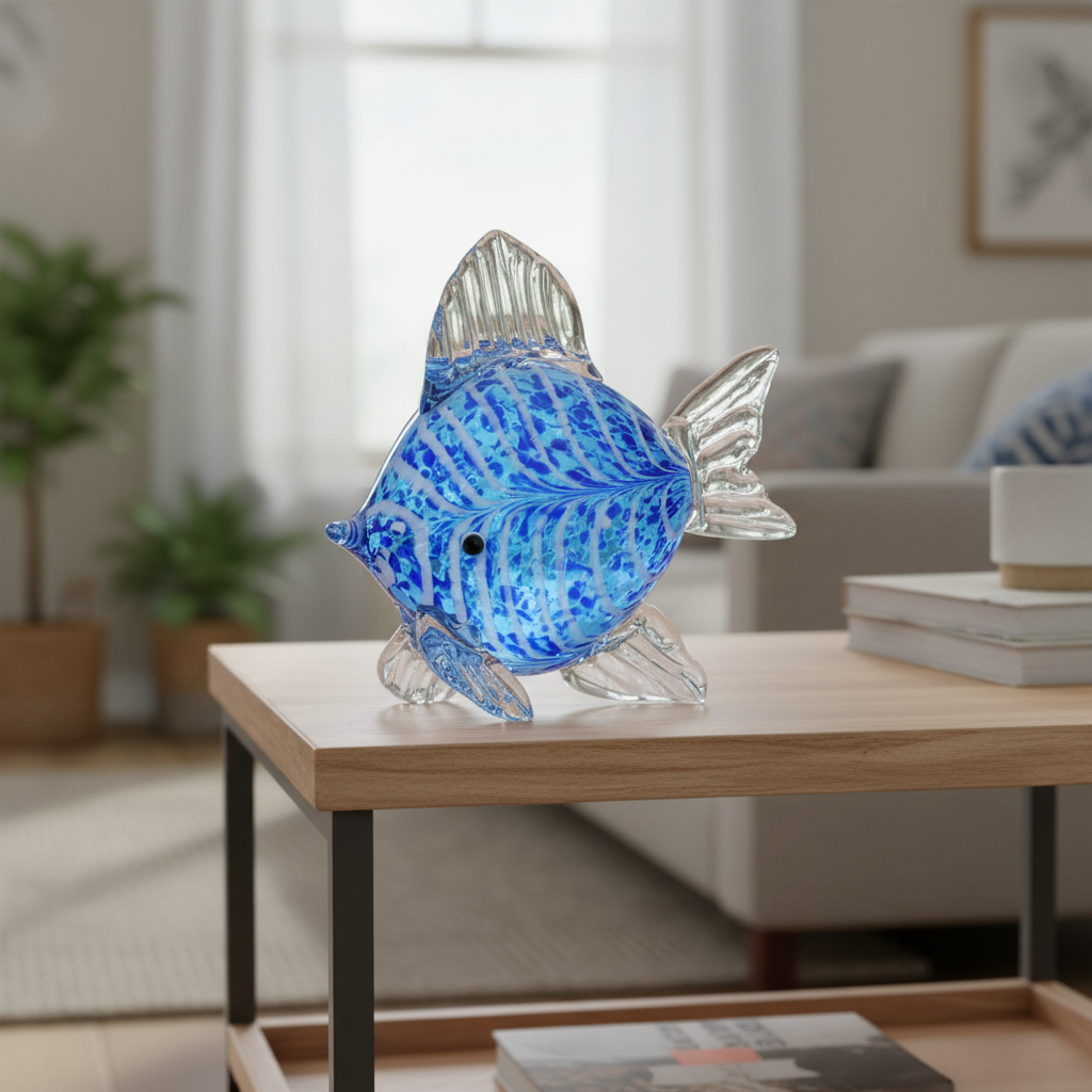 Glass fish sculpture with blue and white pattern on a light gray background