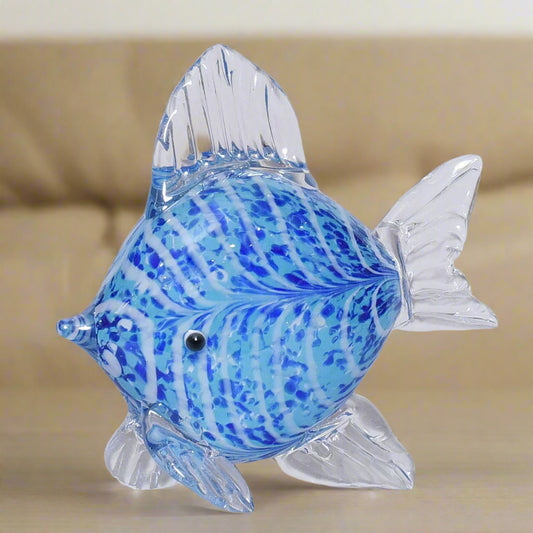 Oceanic Ripple: Blue & White Swirl Glass Fish Sculpture