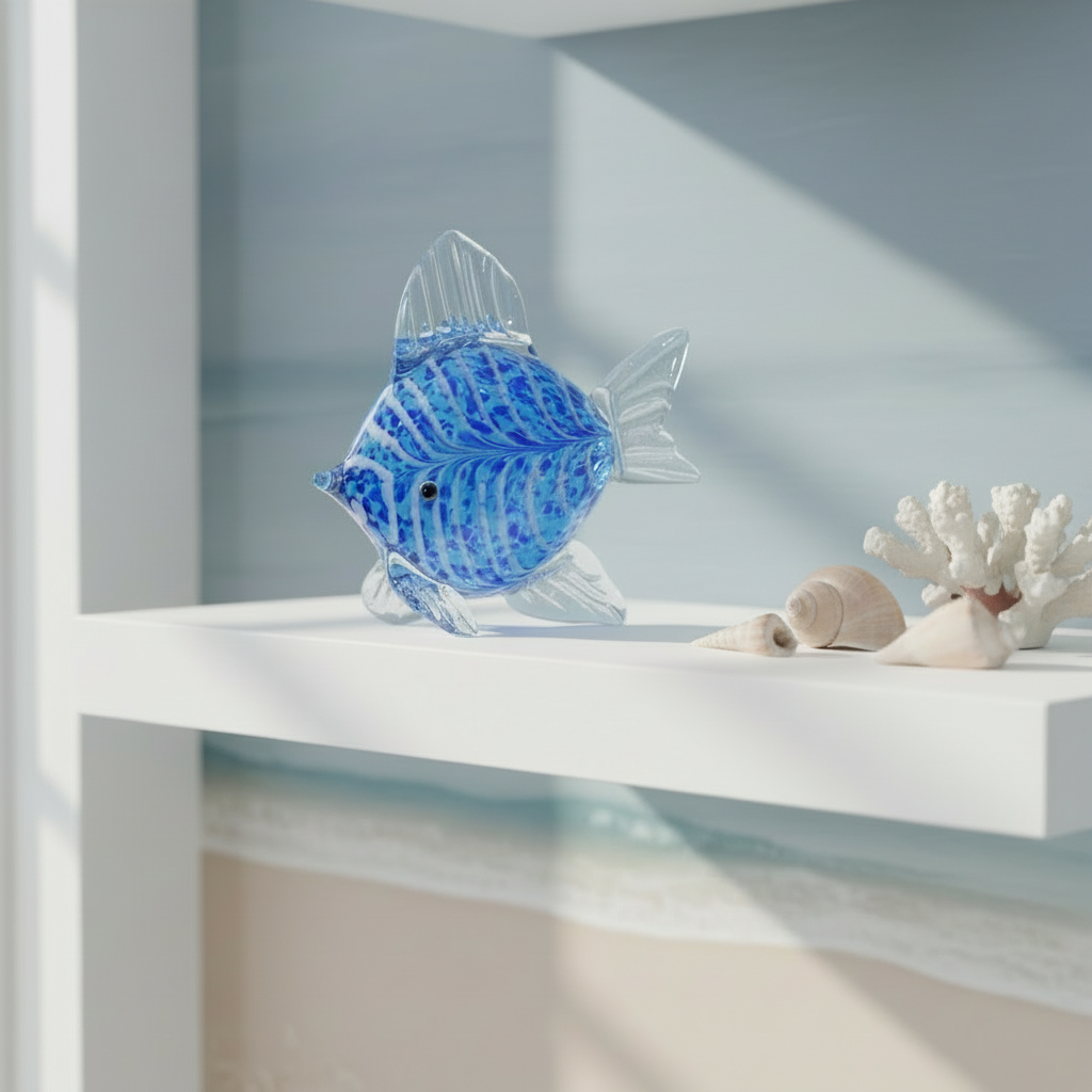 Glass fish figurine with blue and white pattern on a beige background