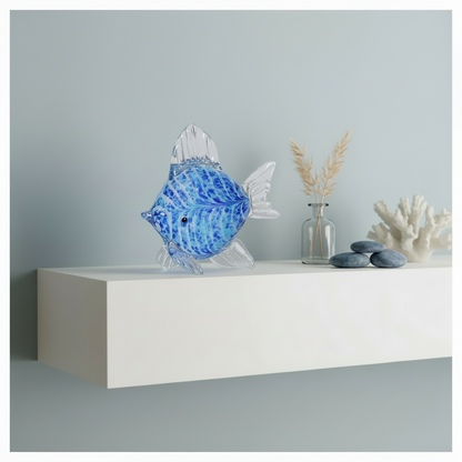 Oceanic Ripple: Blue & White Swirl Glass Fish Sculpture