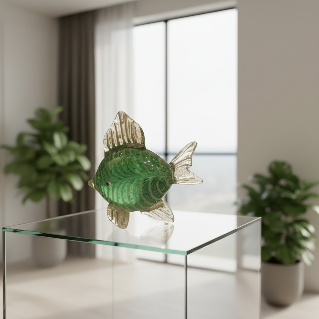 Decorative green fish sculpture on a glass table with plants in the background