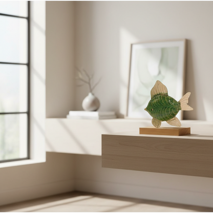 Decorative fish sculpture on a wooden stand in a bright room with large windows.