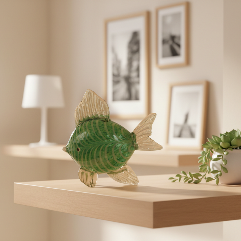 Decorative fish sculpture on a wooden surface with a lamp and framed pictures in the background.