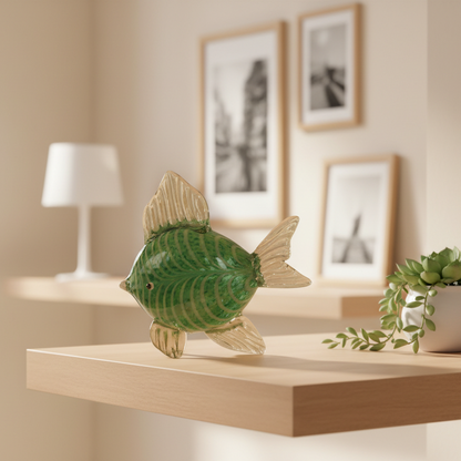 Decorative fish sculpture on a wooden surface with a lamp and framed pictures in the background.