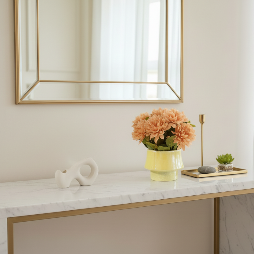 Decorative table with a vase of flowers, small sculpture, and candle on a marble surface.