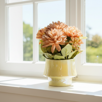 Floral arrangement in a yellow vase on a windowsill with a view of greenery outside.