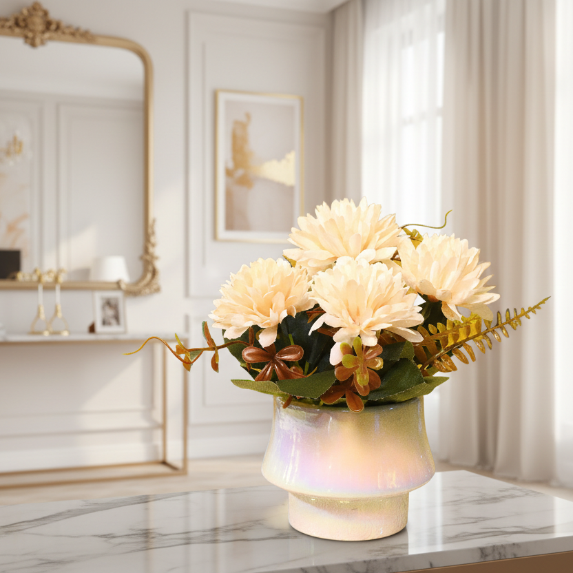 Floral arrangement on a marble table with a large mirror and decorative items in the background.