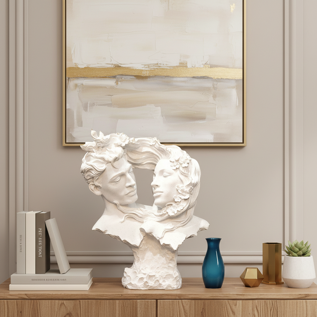 Eternal Embrace: Serene Couple Sculpture with Floral Adornments