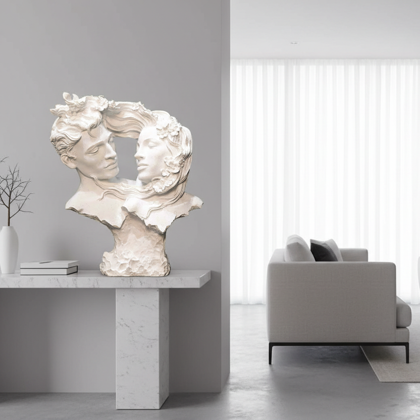 Eternal Embrace: Serene Couple Sculpture with Floral Adornments