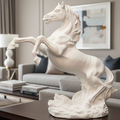 White horse sculpture on a coffee table in a living room setting
