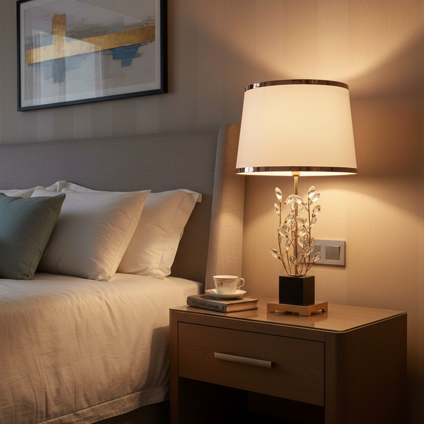 Bedroom with a nightstand, lamp, and decorative items.