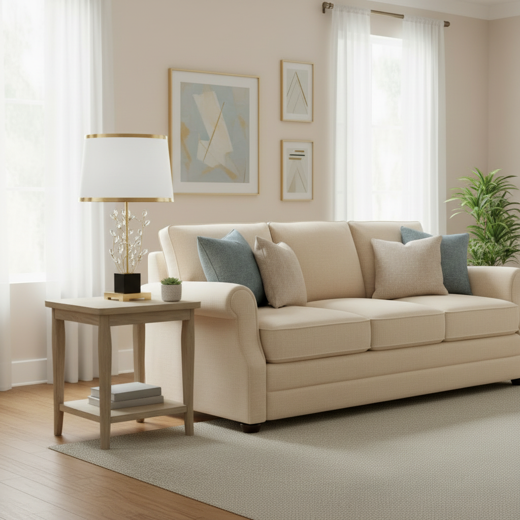 Beige sofa in a living room with a side table, lamp, and framed art on the wall.