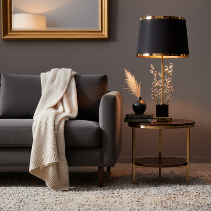 Gray armchair with a beige blanket, side table with a lamp and decorative items, framed mirror on the wall.
