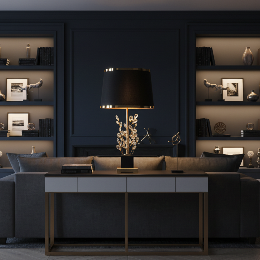 Modern living room with dark blue walls, gray sofa, and decorative shelves.