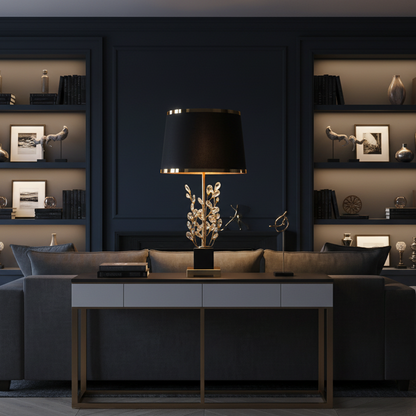 Modern living room with dark blue walls, gray sofa, and decorative shelves.