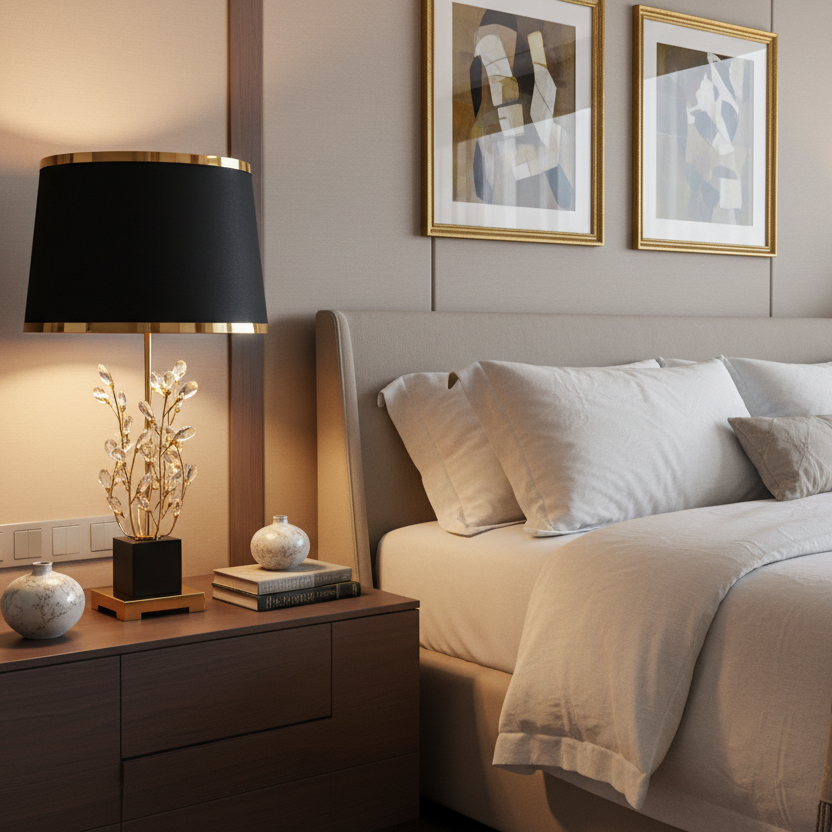 Modern bedroom with a bed, nightstand, and decorative elements.