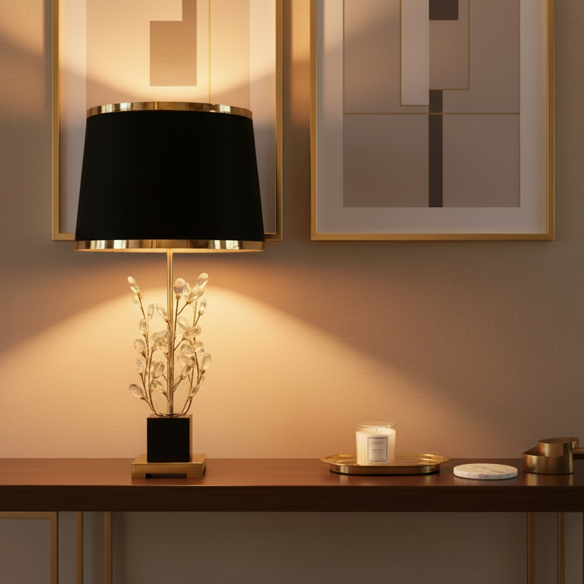 Decorative table with a black lamp, candle, and small plant against a wall with framed art.