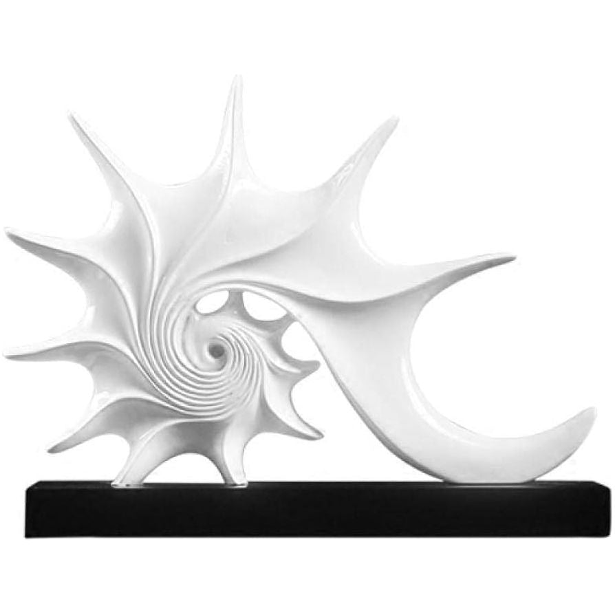 White abstract sculpture on a black base against a white background