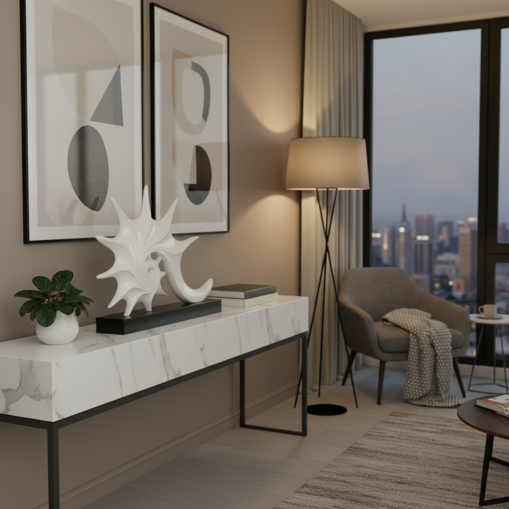 Modern living room with marble console table, decorative items, and cityscape view.