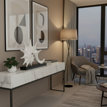 Modern living room with marble console table, decorative items, and cityscape view.