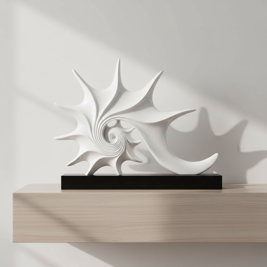 White abstract sculpture on a black base against a light gray background