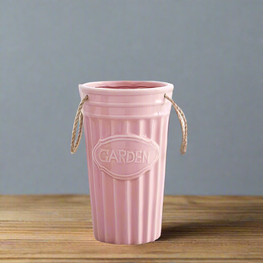 Cottage Charm: Pink "GARDEN" Ceramic Vase with Rope Handles