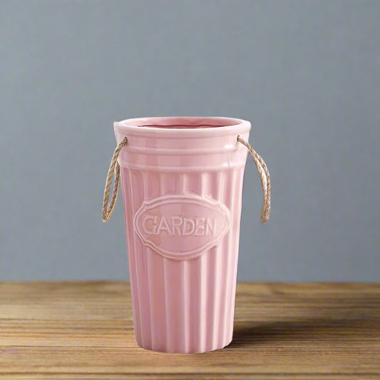 Cottage Charm: Pink "GARDEN" Ceramic Vase with Rope Handles