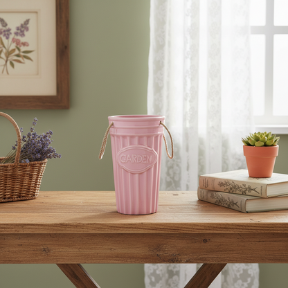 Cottage Charm: Pink "GARDEN" Ceramic Vase with Rope Handles