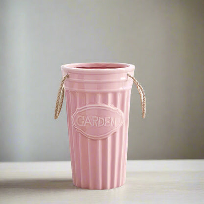 Cottage Charm: Pink "GARDEN" Ceramic Vase with Rope Handles