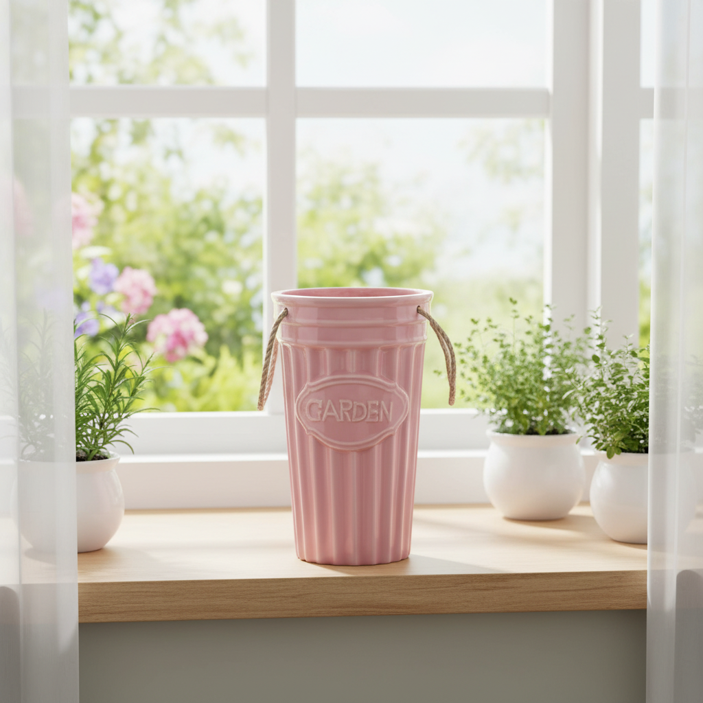 Cottage Charm: Pink "GARDEN" Ceramic Vase with Rope Handles
